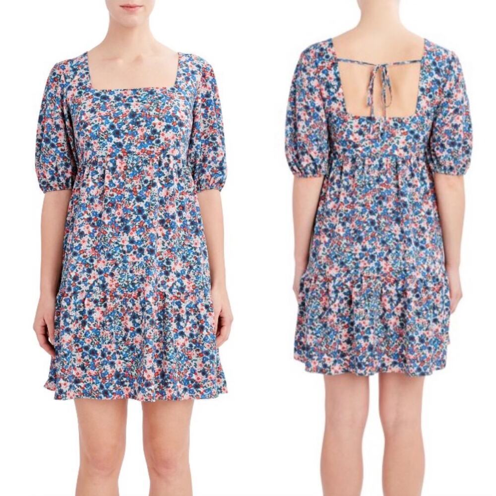 BCBG Paris Tie-Back Chiffon Floral Print Mini Tiered Dress Blue Pink, Size Small